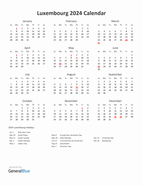 2024 Yearly Calendar Printable With Luxembourg Holidays