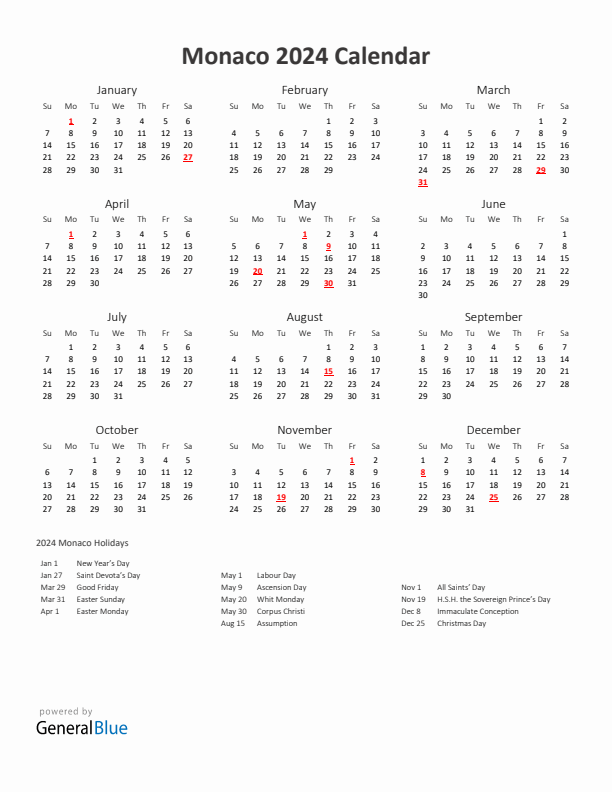 2024 Yearly Calendar Printable With Monaco Holidays