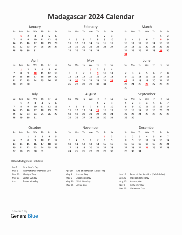2024 Yearly Calendar Printable With Madagascar Holidays