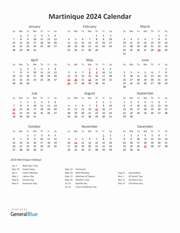 2024 Yearly Calendar Printable With Martinique Holidays
