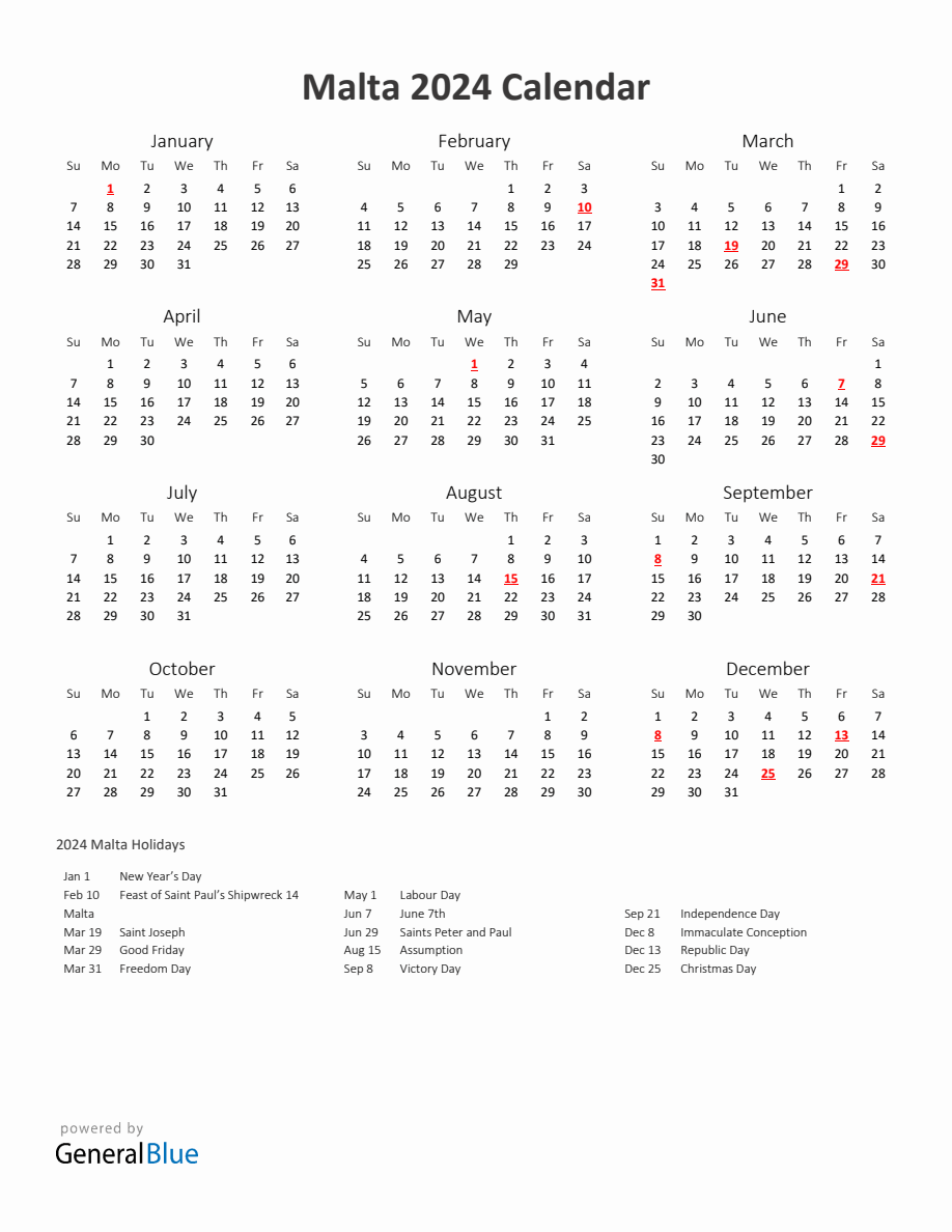 2024 Yearly Calendar Printable With Malta Holidays