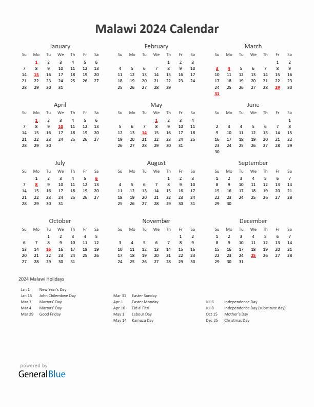 2024 Yearly Calendar Printable With Malawi Holidays