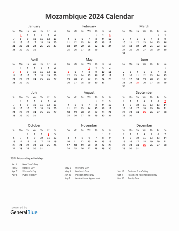 2024 Yearly Calendar Printable With Mozambique Holidays