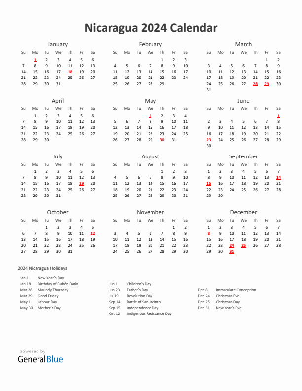2024 Yearly Calendar Printable With Nicaragua Holidays
