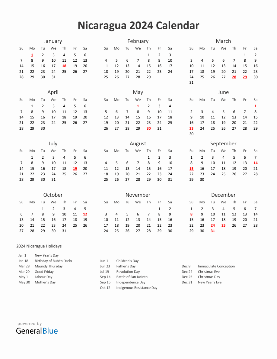 2024 Yearly Calendar Printable With Nicaragua Holidays   2024 Calendar Printable With Holidays Portrait Sunday Start En Ni 918x1188 