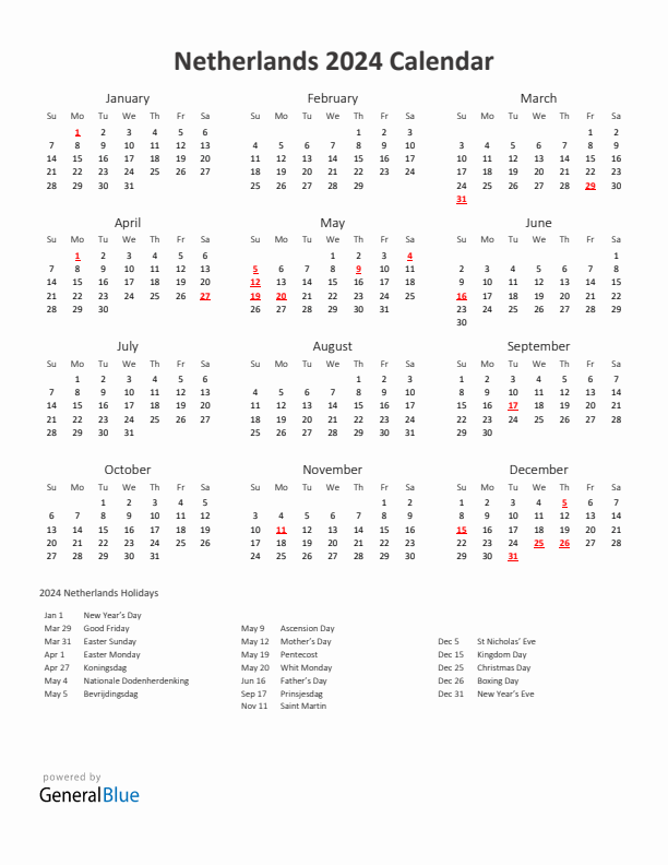 2024 Yearly Calendar Printable With The Netherlands Holidays