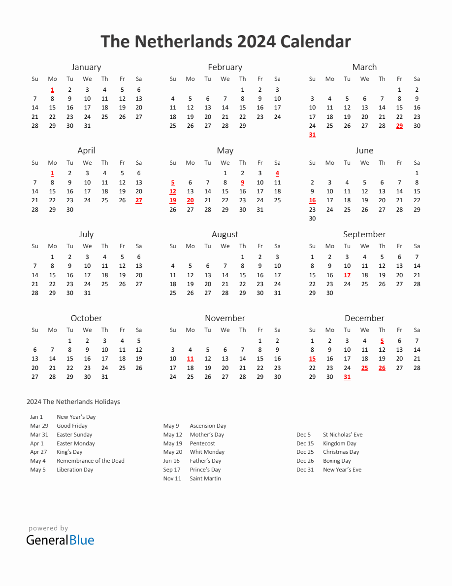 2024 Yearly Calendar Printable With The Netherlands Holidays