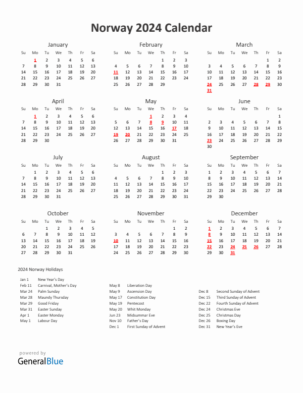 2024 Yearly Calendar Printable With Norway Holidays