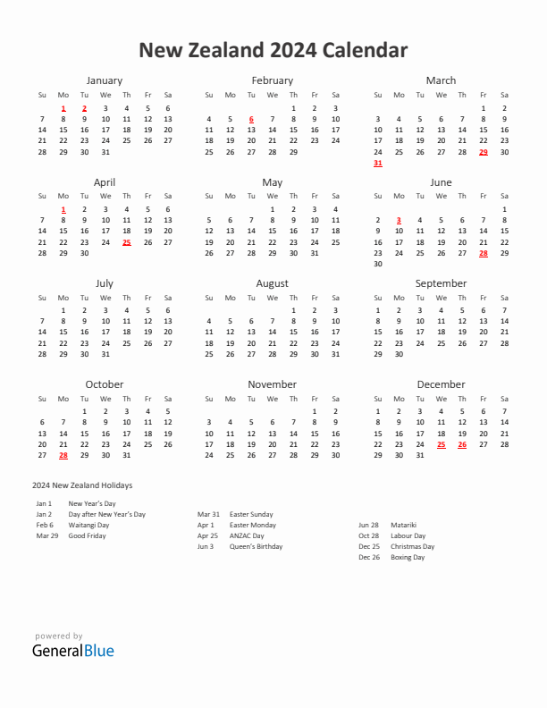 2024 Calendar Printable With Holidays Portrait Sunday Start En Nz 612x792 