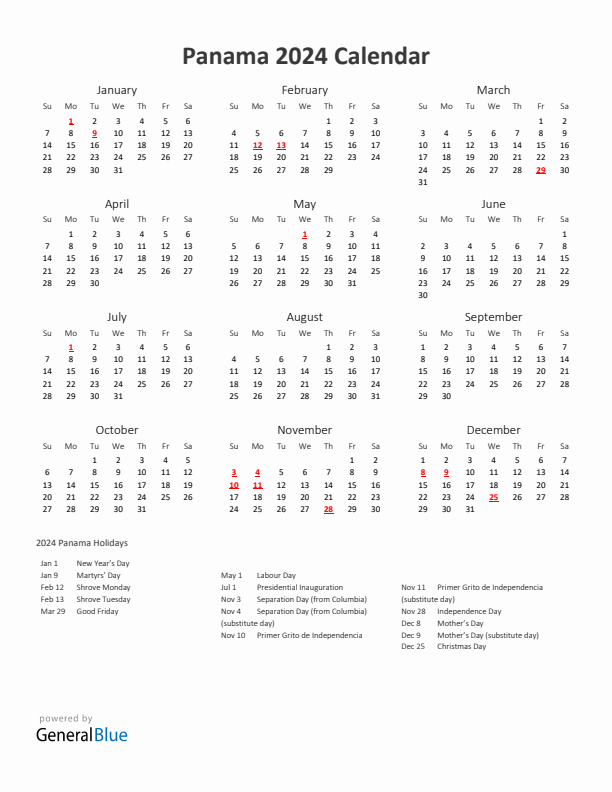 2024 Yearly Calendar Printable With Panama Holidays