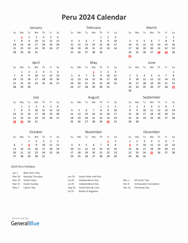 2024 Yearly Calendar Printable With Peru Holidays