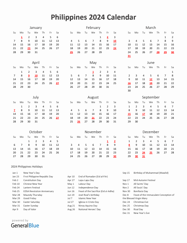 2024 Yearly Calendar Printable With Philippines Holidays