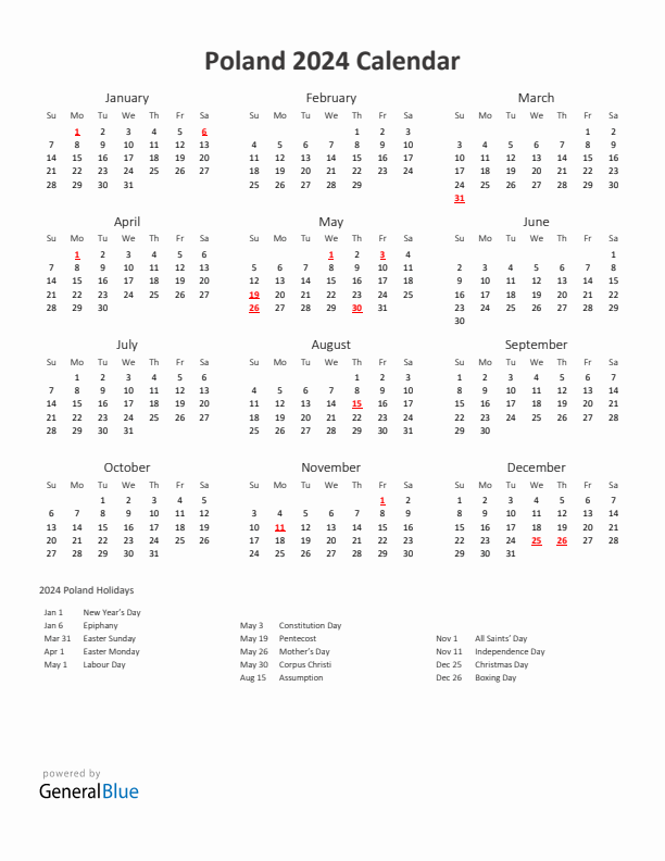 2024 Yearly Calendar Printable With Poland Holidays