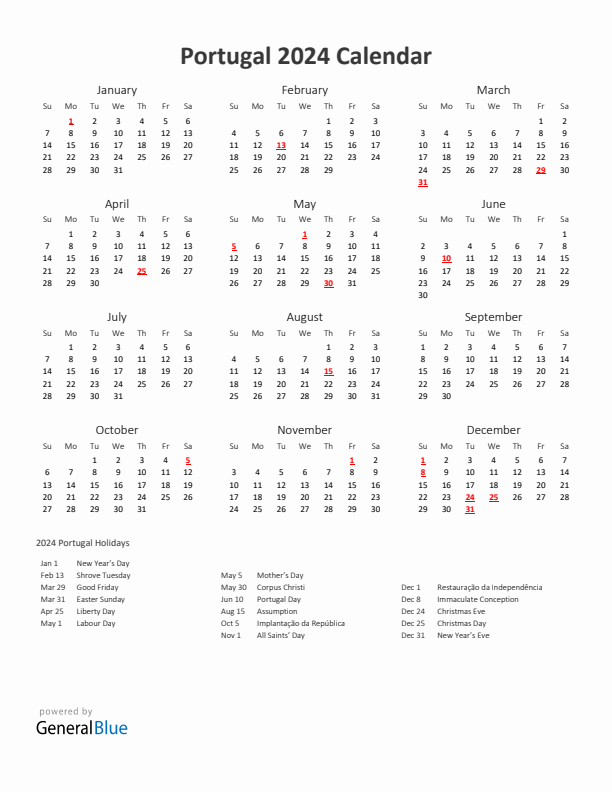 2024 Yearly Calendar Printable With Portugal Holidays