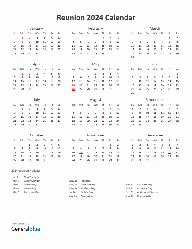 2024 Yearly Calendar Printable With Reunion Holidays