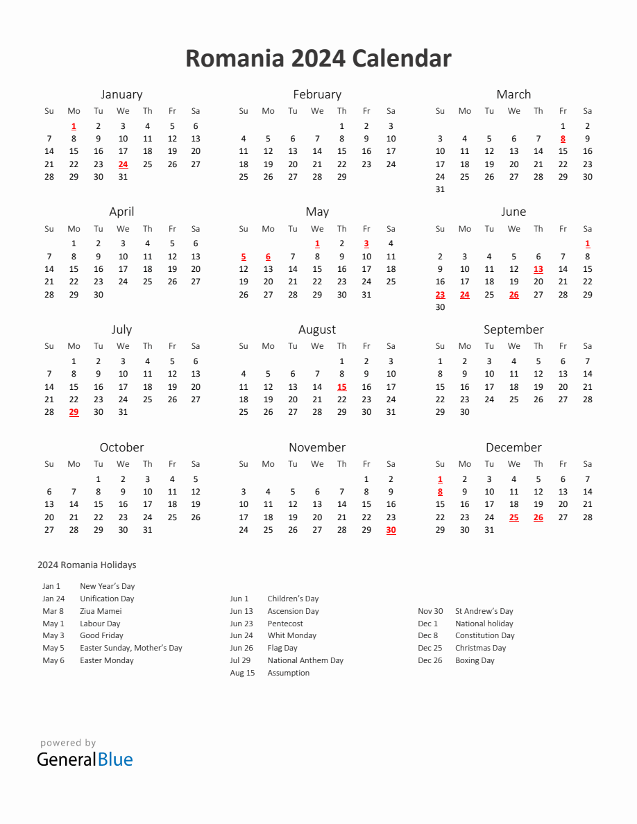 2024 Yearly Calendar Printable With Romania Holidays