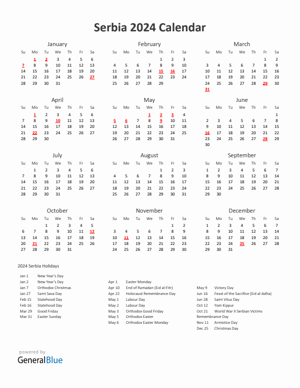 2024 Yearly Calendar Printable With Serbia Holidays