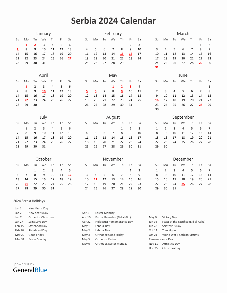 2024 Yearly Calendar Printable With Serbia Holidays