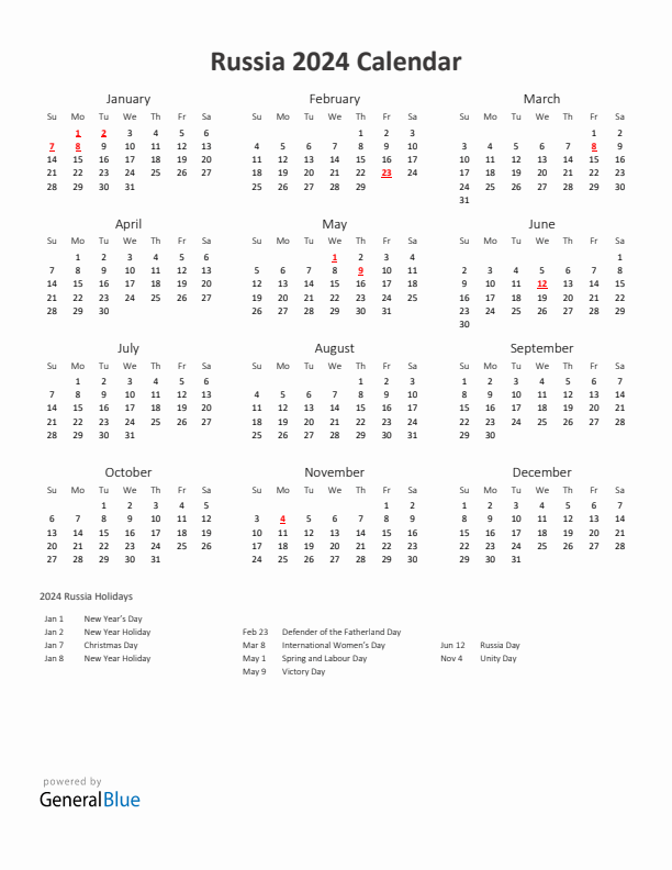 2024 Yearly Calendar Printable With Russia Holidays