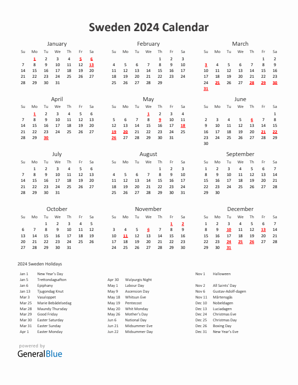 2024 Yearly Calendar Printable With Sweden Holidays