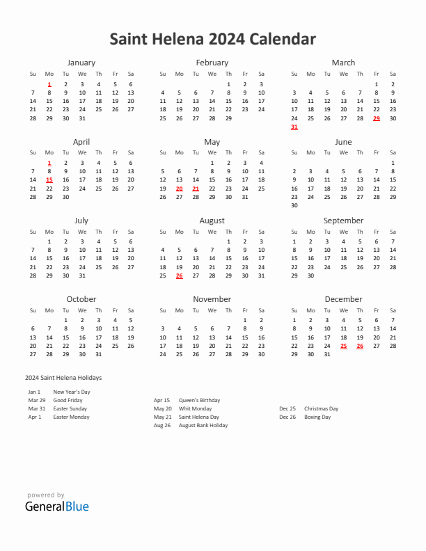 2024 Yearly Calendar Printable With Saint Helena Holidays