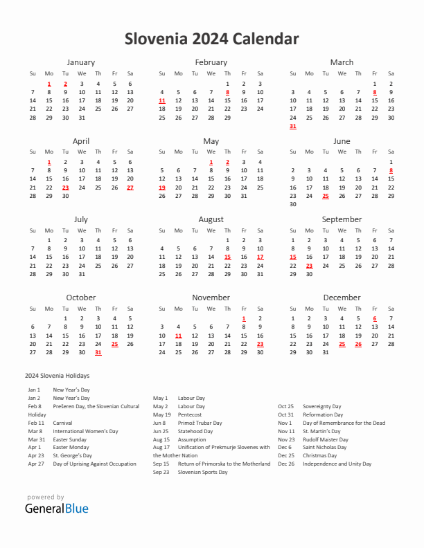2024 Yearly Calendar Printable With Slovenia Holidays