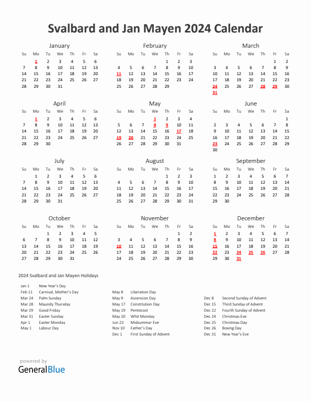 2024 Yearly Calendar Printable With Svalbard and Jan Mayen Holidays