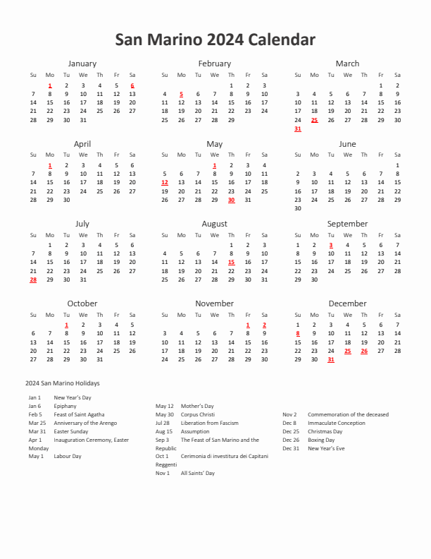 2024 Yearly Calendar Printable With San Marino Holidays