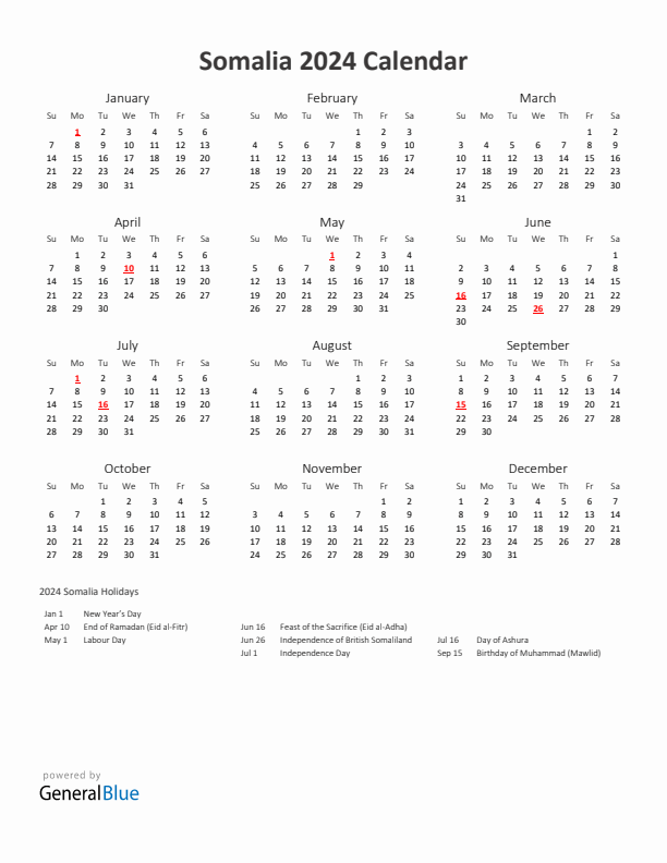 2024 Yearly Calendar Printable With Somalia Holidays