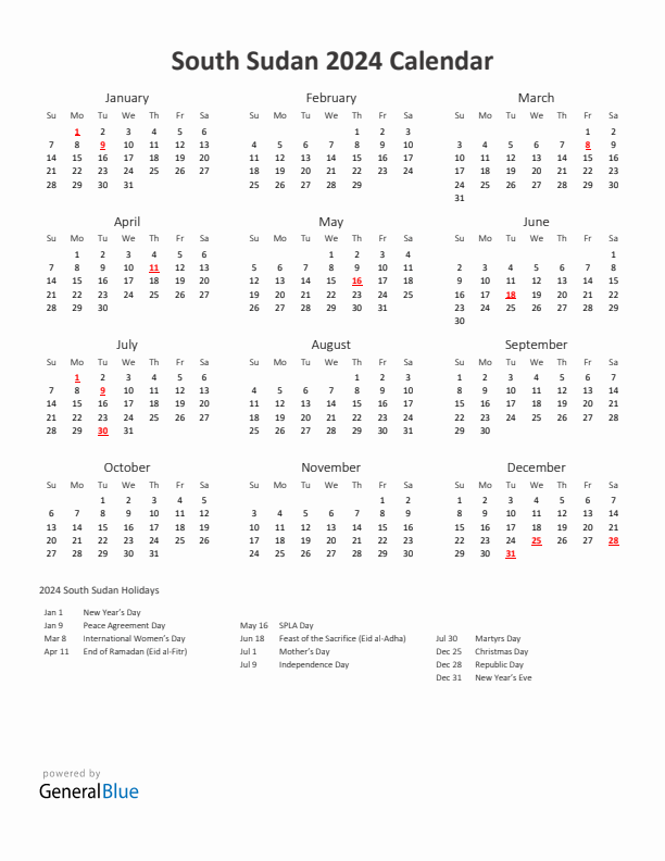 2024 Yearly Calendar Printable With South Sudan Holidays