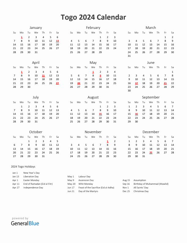 2024 Yearly Calendar Printable With Togo Holidays
