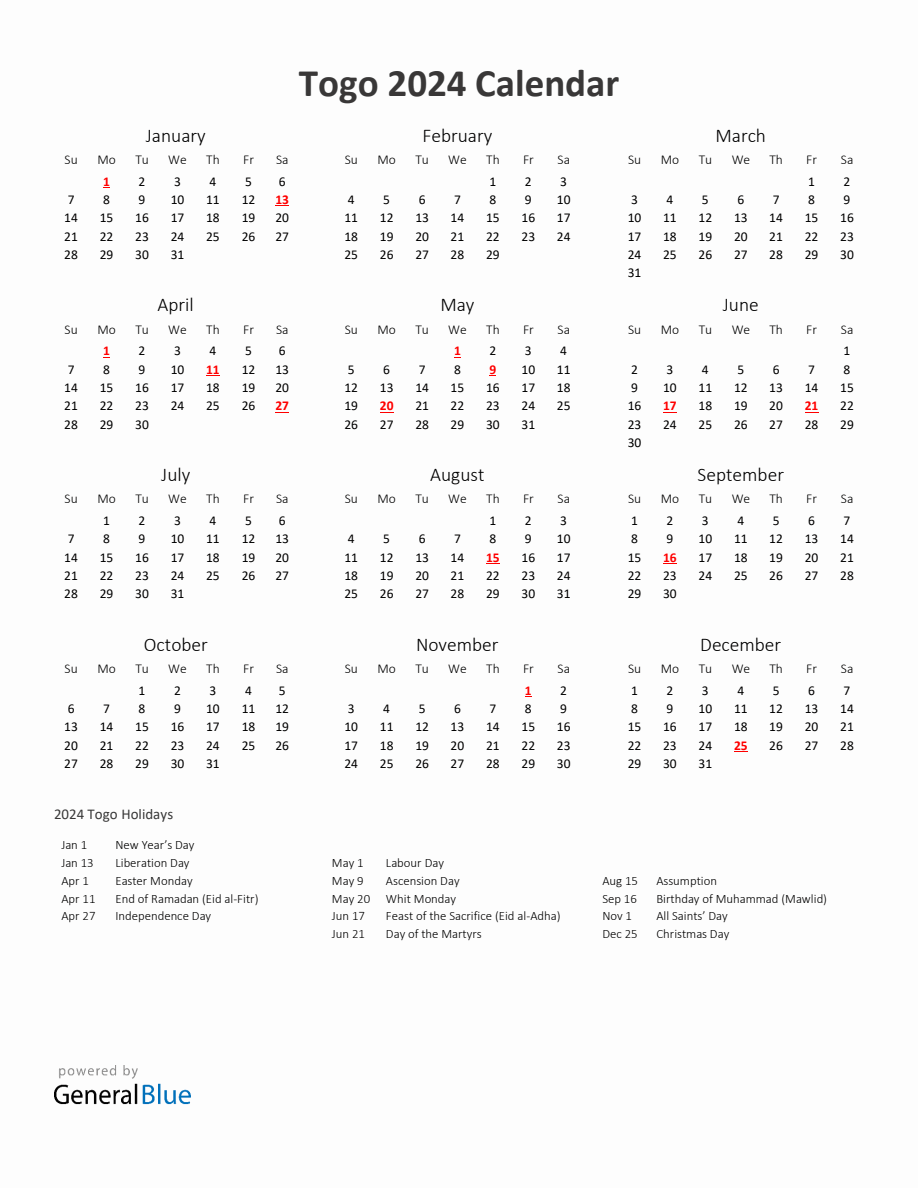 2024 Yearly Calendar Printable With Togo Holidays   2024 Calendar Printable With Holidays Portrait Sunday Start En Tg 918x1188 