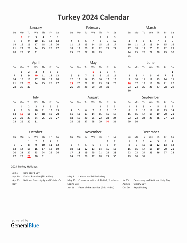 2024 Yearly Calendar Printable With Turkey Holidays