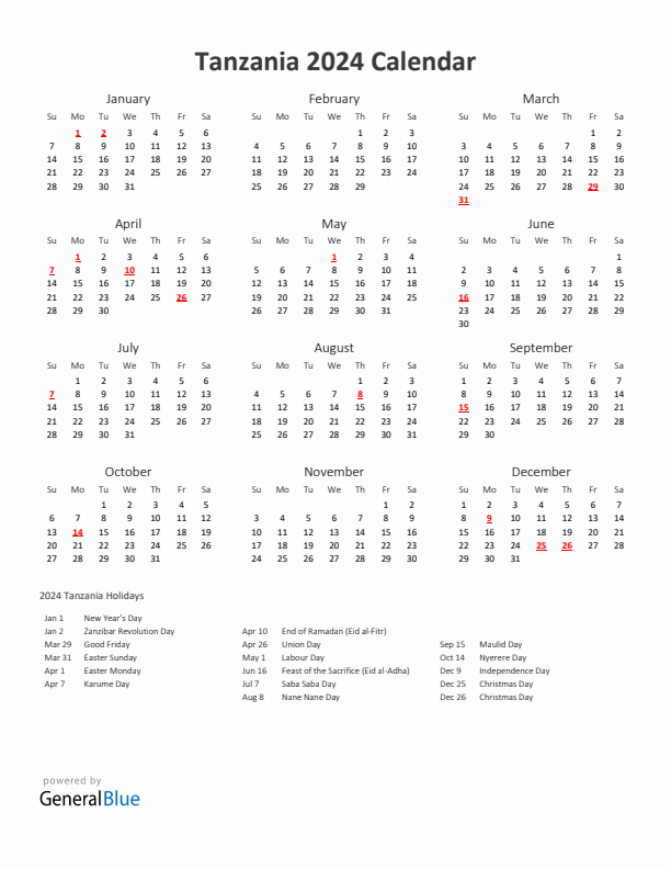 2024 Yearly Calendar Printable With Tanzania Holidays