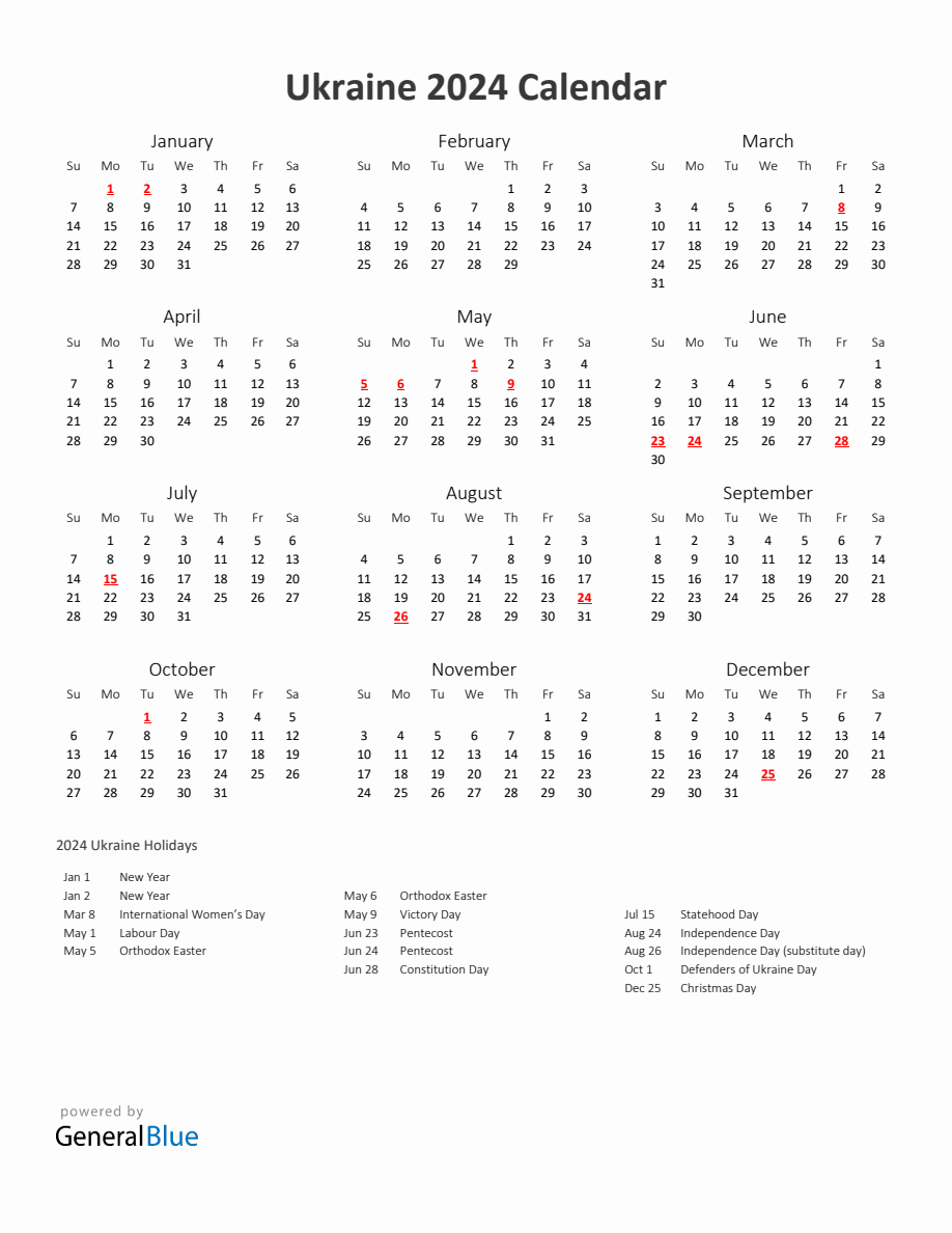 2024 Yearly Calendar Printable With Ukraine Holidays