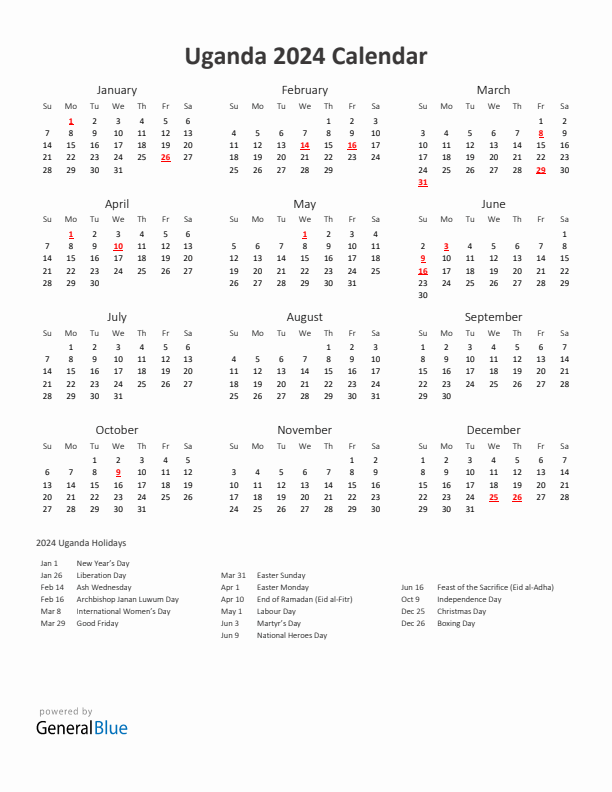 2024 Yearly Calendar Printable With Uganda Holidays