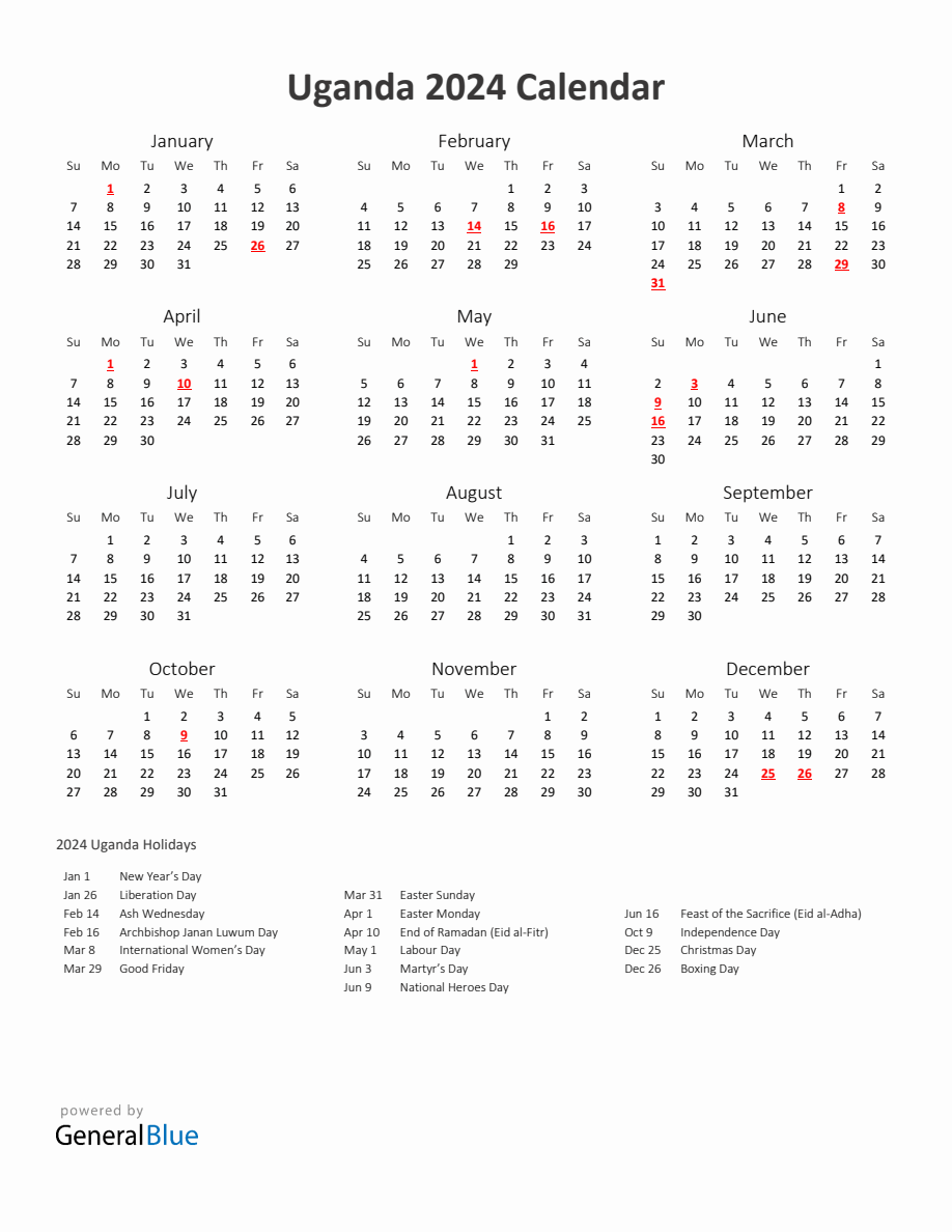 2024 Yearly Calendar Printable With Uganda Holidays