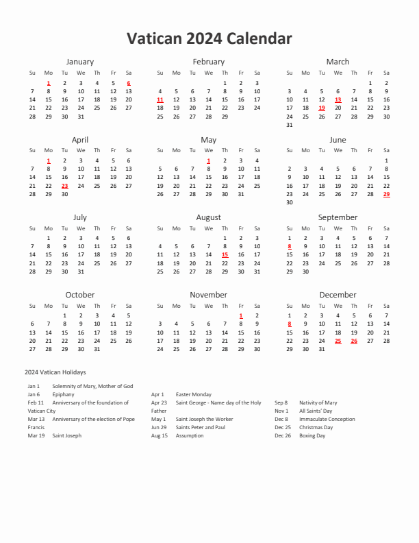 2024 Yearly Calendar Printable With Vatican Holidays