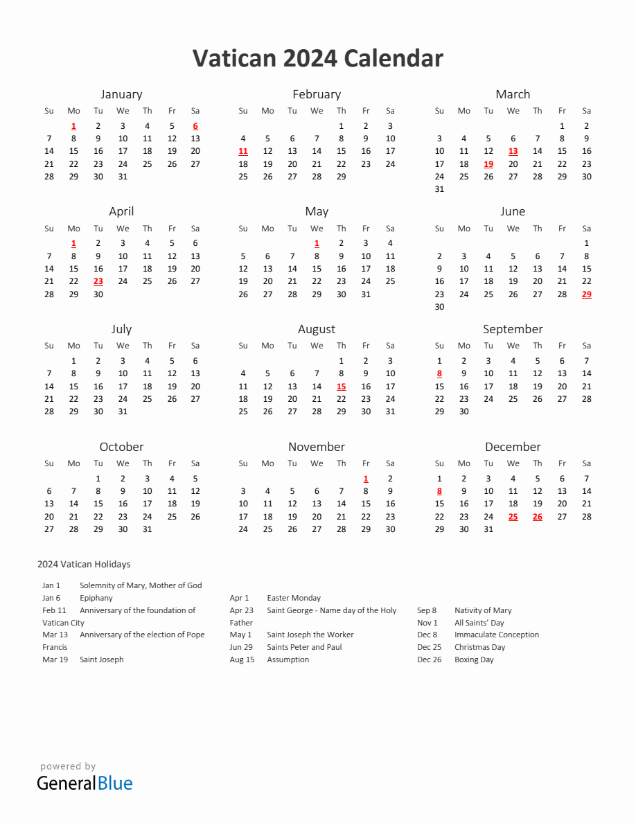 2024 Yearly Calendar Printable With Vatican Holidays