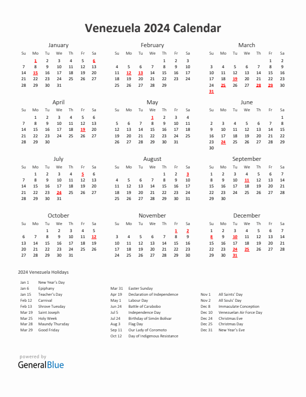2024 Yearly Calendar Printable With Venezuela Holidays