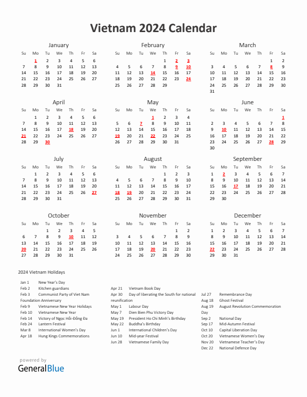 2024 Yearly Calendar Printable With Vietnam Holidays