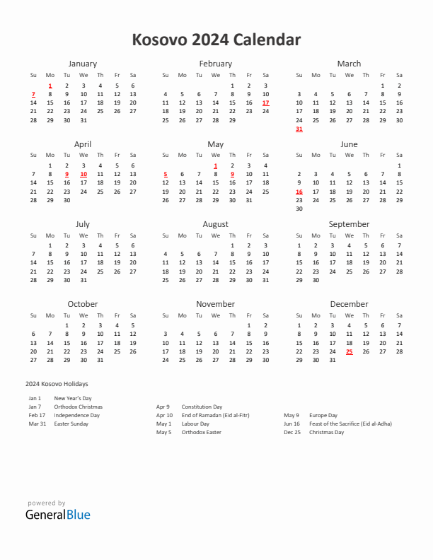 2024 Yearly Calendar Printable With Kosovo Holidays