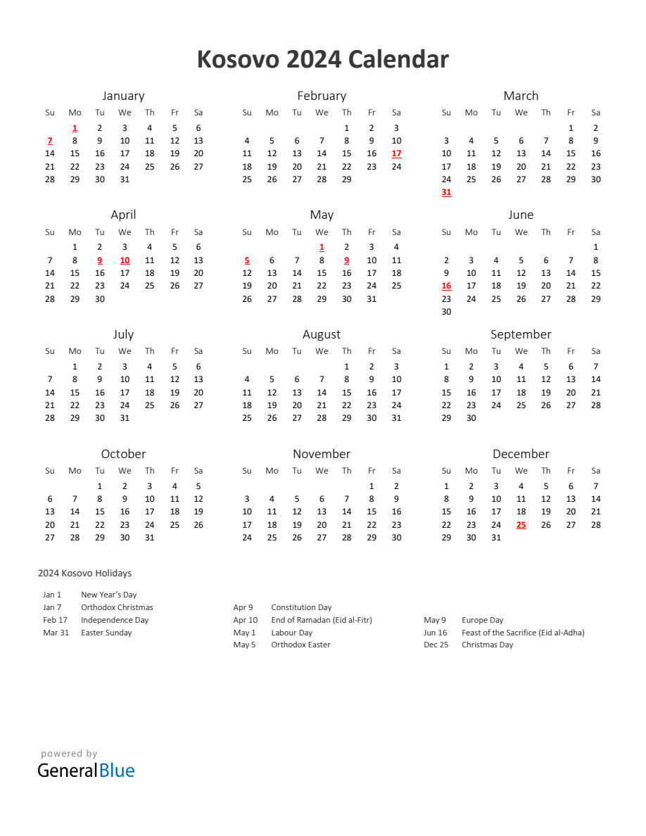 2024 Yearly Calendar Printable With Kosovo Holidays