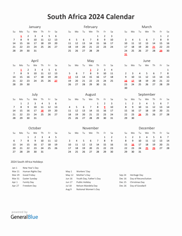 2024 Yearly Calendar Printable With South Africa Holidays