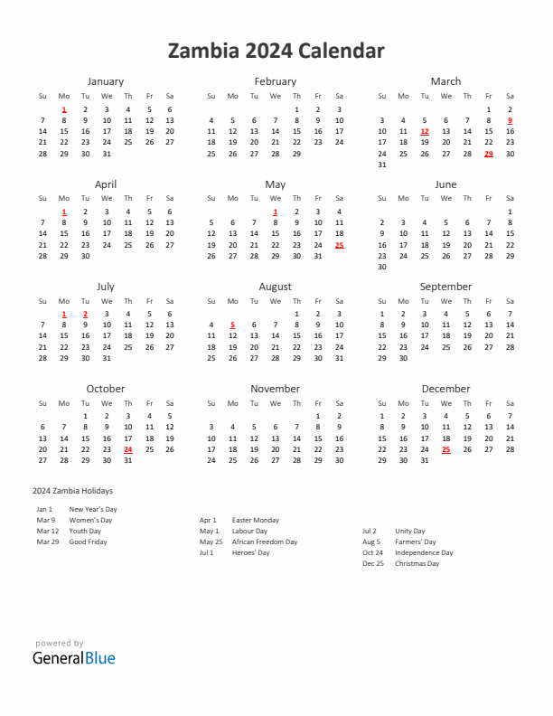 2024 Yearly Calendar Printable With Zambia Holidays