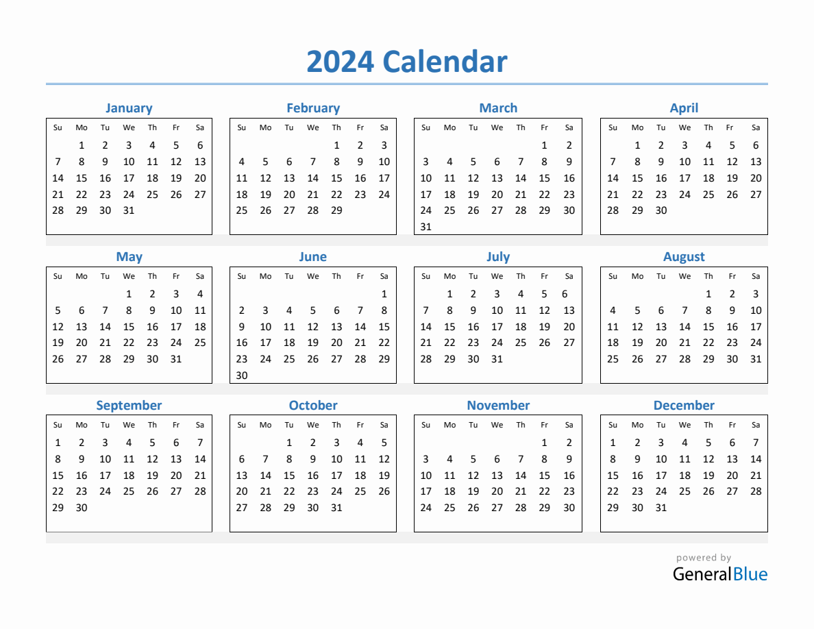 2024 Simple Yearly Calendar (pdf Excel Word)