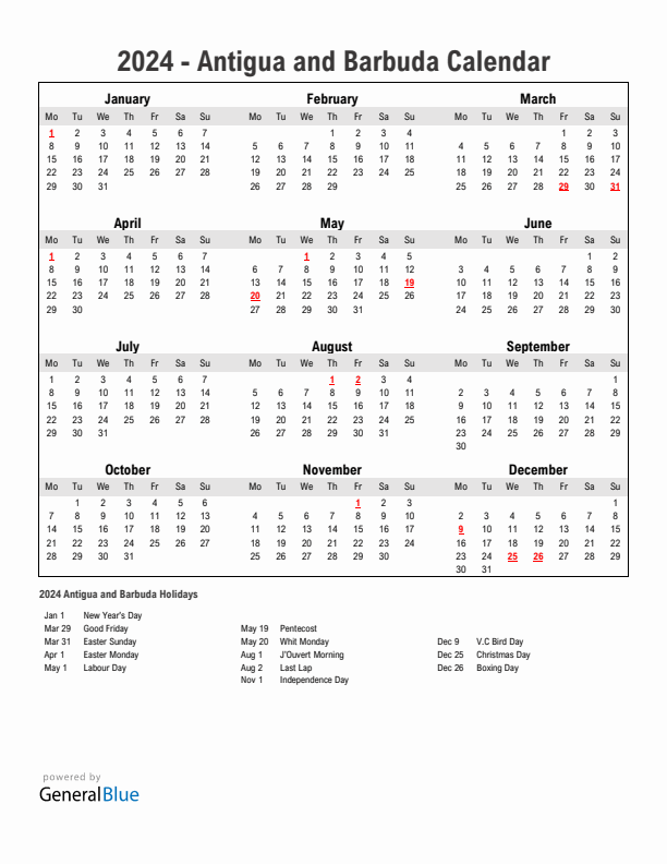 Year 2024 Simple Calendar With Holidays in Antigua and Barbuda