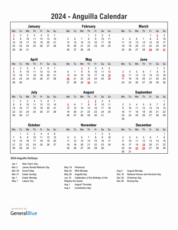 Year 2024 Simple Calendar With Holidays in Anguilla