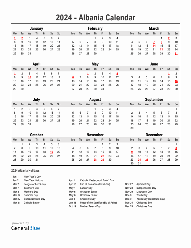 Year 2024 Simple Calendar With Holidays in Albania