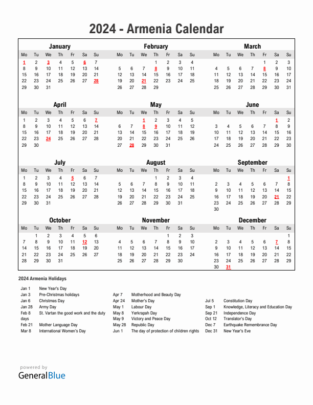 Year 2024 Simple Calendar With Holidays in Armenia